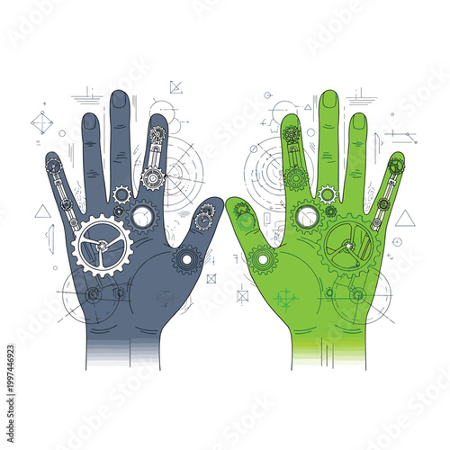 Conceptual Illustration of Robotic Hands with Internal Gears and Cogs representing Artificial Intelligence, Engineering, Innovation, and Sustainable Technology