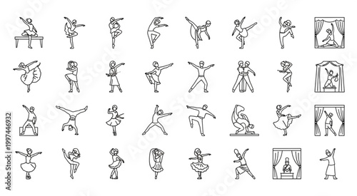 Collection of various ballet dancers in different poses, line art style.