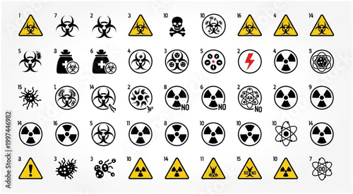 Collection of various hazard warning symbols and signs for dangerous materials and substances.