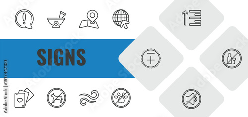 signs outline icon set. linear vector for ui, web and mobile. thin line exclamation mark, phary, map and map pointer icons.