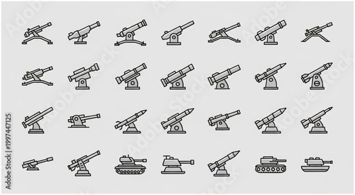 Collection of various military artillery guns and weapon systems in a row.
