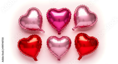 Colorful heart shaped balloons in pink and red.