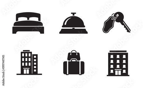 set of hotel related icons including bed bellhop hat keys building suitcase and hotel facade high quality
