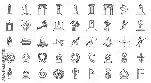Collection of war memorials and symbols representing remembrance and sacrifice.