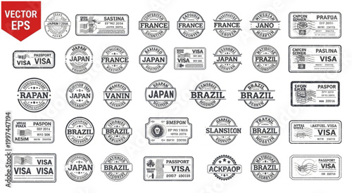 Collection of various passport stamps and visa stickers for travel and immigration.