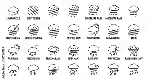 Weather Icons Depicting Various Precipitation Conditions and Storms in a Simple Line Art Style.