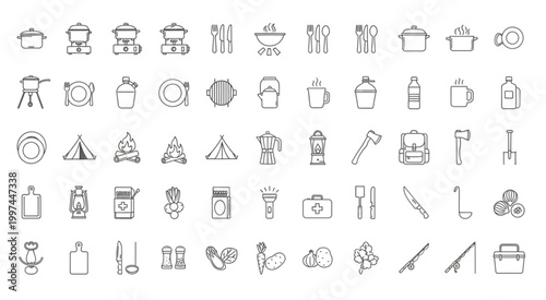 Camping and outdoor equipment icons set, essential tools for adventure and exploration.