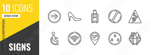 signs outline icon set. 10 linear vector for ui, web and mobile. thin line implies if, high heels, suitcase icons.