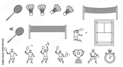 Badminton equipment and players in action, a detailed line art illustration.
