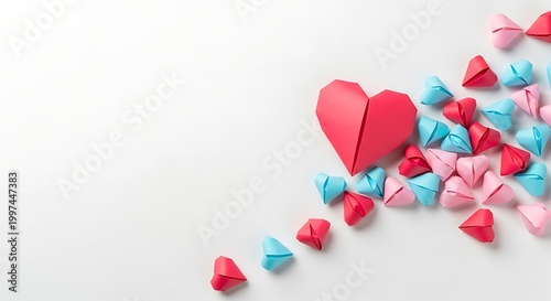 Colorful hearts scattered on white background.