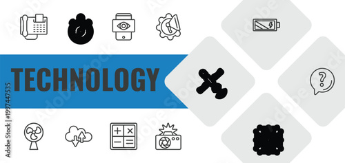 technology outline icon set. linear vector for ui, web and mobile. thin line fax phone, navigation compass, black eye icons.