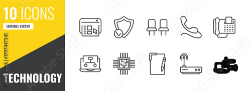 technology outline icon set. 10 linear vector for ui, web and mobile. thin line user interface, safe shield protection, chairs icons.