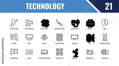 technology outline icon set. linear vector for ui, web and mobile. thin line wired connection, asking, lcd screen icons.