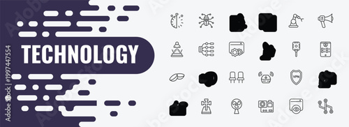 technology outline icon set. linear vector for ui, web and mobile. thin line robot insect, entertainer, robotic hand icons.