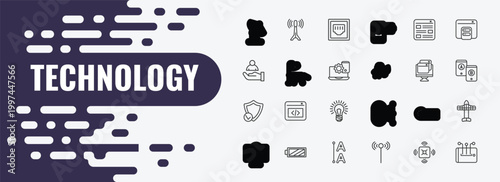 technology outline icon set. linear vector for ui, web and mobile. thin line internet value, telephone connector, mood board icons.