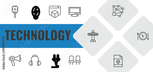 technology outline icon set. linear vector for ui, web and mobile. thin line retro microphone, electric, virtual box icons.