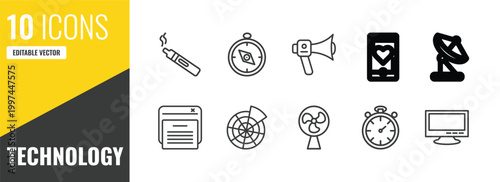 technology outline icon set. 10 linear vector for ui, web and mobile. thin line electronic cigarette, basic compass, modern horn icons.