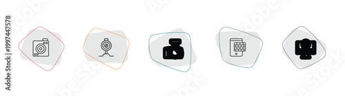 technology outline icon set. linear vector for ui, web and mobile. thin line retro squared camera, pitching hine, cam with big len icons.