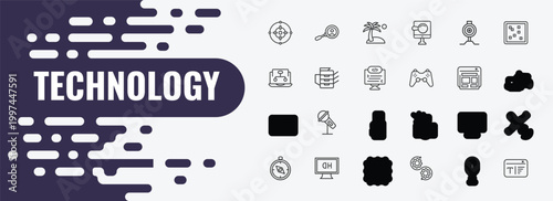 technology outline icon set. linear vector for ui, web and mobile. thin line user research, holidays, pitching hine icons.