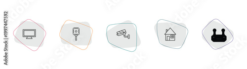 technology outline icon set. linear vector for ui, web and mobile. thin line lcd screen, retro microphone, security cam icons.