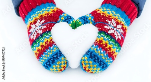 Colorful mittens making heart shape snow.