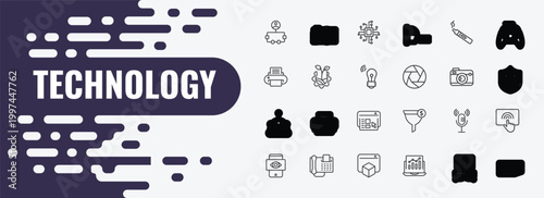 technology outline icon set. linear vector for ui, web and mobile. thin line digital photo camera, technology, electronic cigarette icons.