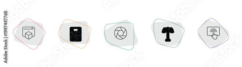 technology outline icon set. linear vector for ui, web and mobile. thin line virtual box, ventilating fan, camera shutter icons.