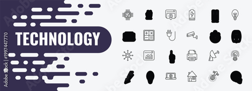 technology outline icon set. linear vector for ui, web and mobile. thin line ecologic electricity, user-generated content, theater icons.