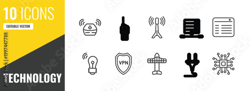 technology outline icon set. 10 linear vector for ui, web and mobile. thin line wireless gadget, big walkie talkie, internet value icons.