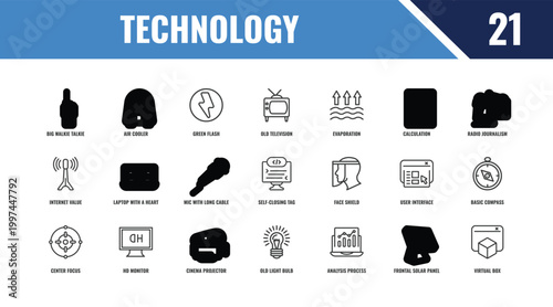 technology outline icon set. linear vector for ui, web and mobile. thin line air cooler, radio journalism, face shield icons.