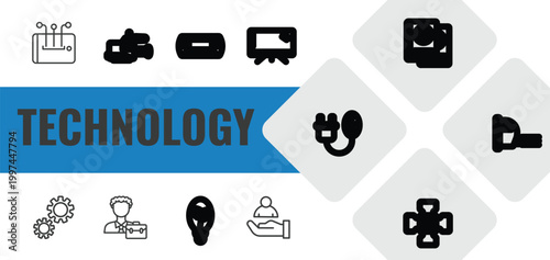technology outline icon set. linear vector for ui, web and mobile. thin line content curation, video camera side view, icons.