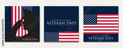USA Veterans Day greeting cards set with United States national flag. Honoring all who served. United States national holiday vector illustration.
