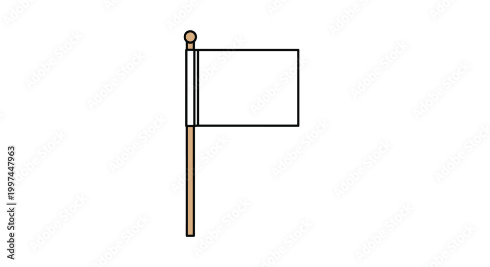 Fototapeta premium Simple white flag on a wooden pole with a rounded gold top on a white background representing peace or surrender.