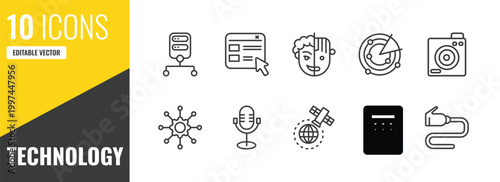 technology outline icon set. 10 linear vector for ui, web and mobile. thin line data architecture, selector, humanoid robot icons.