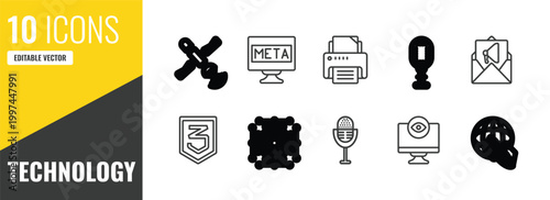 technology outline icon set. 10 linear vector for ui, web and mobile. thin line satellite transmission, meta elements, office printer icons.
