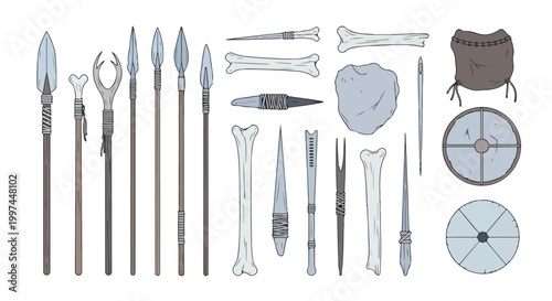 A collection of various prehistoric tools and bones arranged on a white background with a neutral color palette.