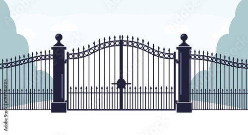 Elaborate black wrought iron gate with ornate scrollwork and decorative posts is illustrated against a soft blue sky with light clouds.