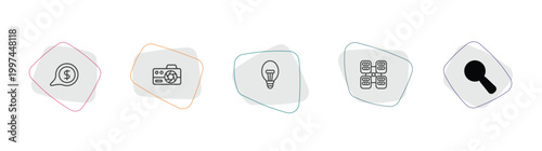 technology outline icon set. linear vector for ui, web and mobile. thin line receive money message, photograph camera, electric light bulb icons.