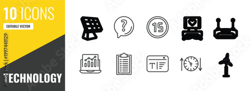 technology outline icon set. 10 linear vector for ui, web and mobile. thin line frontal solar panel, asking, digital number 15 icons.