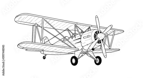 Detailed technical line drawing of a vintage biplane airplane showing all the struts and wires of its classic design on a white background.