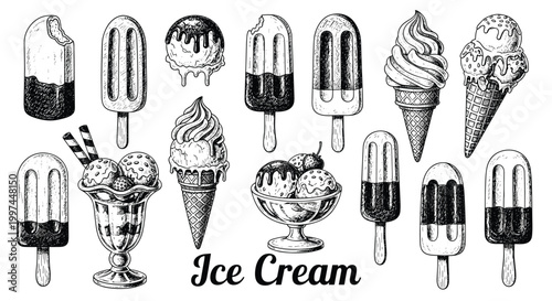 Large set of various ice cream treats including cones, popsicles, and sundaes are rendered in a classic hand-drawn sketch style on white.