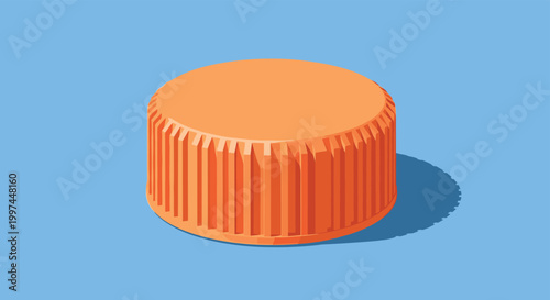 Single orange plastic bottle cap with a ribbed edge is shown from a high angle casting a shadow on a solid blue background in a simple graphic.