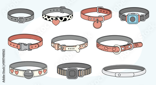 Collection of ten different pet collars for dogs or cats featuring various colors, patterns, and attachment charms like hearts and bones.