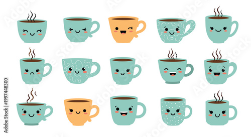Adorable set of fifteen kawaii style coffee and tea mugs with various cute faces patterns and steam rising from the hot beverages inside.