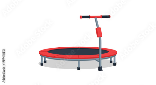 Small red and black fitness trampoline for indoor workouts featuring a tall safety handle and a sturdy frame for cardio exercise at home.