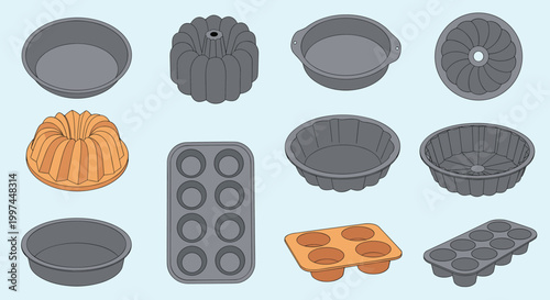 Comprehensive set of various metal baking pans including muffin tins bundt cake molds and round trays for home kitchen use and baking hobbies.