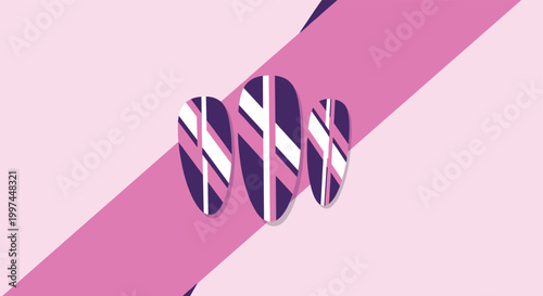 Three stylized long fingernails featuring a bold purple white and pink geometric pattern manicure set against a matching diagonal background.