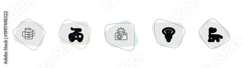 technology outline icon set. linear vector for ui, web and mobile. thin line photocopier, sega gamepad, camera flash icons.