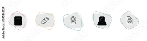 technology outline icon set. linear vector for ui, web and mobile. thin line calculation, inclined pendrive, front webcam icons.