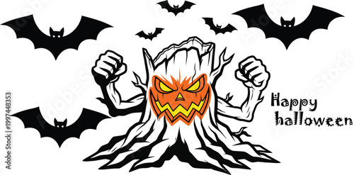 pumpkin headed monster with bats on white background